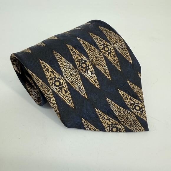 Vtg Hickey Freeman Silk Tie Paisley Baroque Italian Hand sewn Geometric 90s Gold - Picture 9 of 9